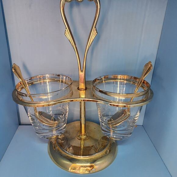 Vintage Mid-Century Gold Tone 2 Condiment Server Carousel With Spoons MCM - Picture 2 of 9